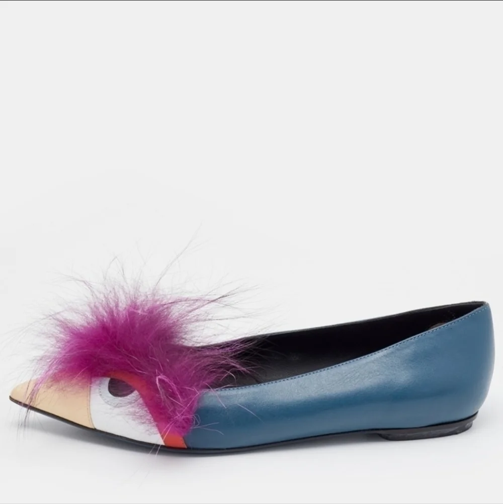 NEW Fendi Leather And Fur Monster Eye Pointed Toe Ballet Flats Size 38 - Picture 3 of 13